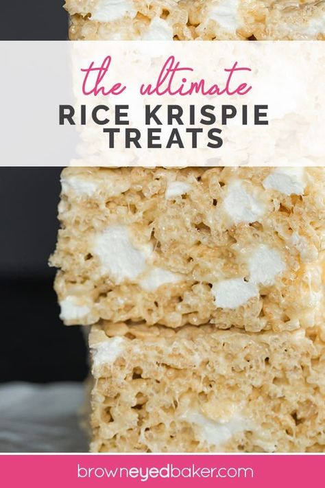 The BEST Rice Krispie Treats! This recipe turns out huge, perfectly soft and gooey rice krispie treats with extra non-melted marshmallows mixed in! #ricekrispietreats #snacks via @browneyedbaker Vegan Rice Krispie Treats, Krispie Treats Recipe, Rice Krispies Treats, Krispy Treats, Krispies Treats, Dessert Simple, Rice Krispy, Butter Rice, Rice Crispy Treats