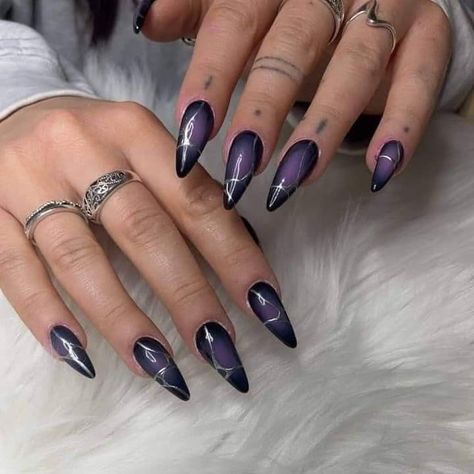 Nail Ideas Violet, Purple Silver Chrome Nails, Dark Purple Goth Nails, Dark Purple Nail Designs Almond, Black Silver And Purple Nails, Goth Aura Nails, 2yk Nails Ideas, Dark Purple And Silver Nails Acrylic, Black And Violet Nails