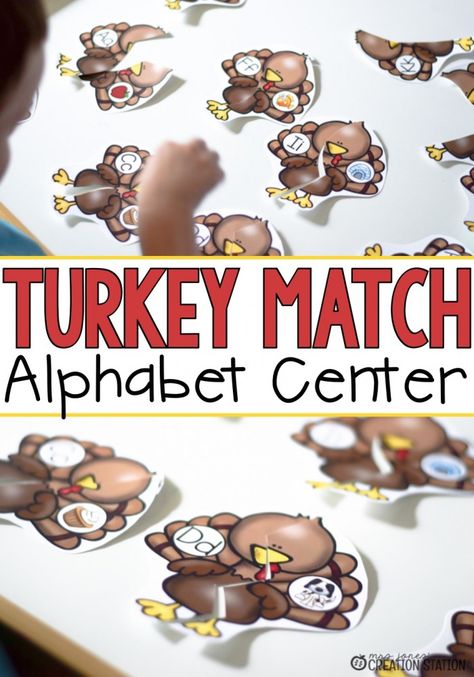 FREE Turkey Match Alphabet Center - MJCS Turkey Alphabet, Abc Matching, Teaching Alphabet, Thanksgiving Literacy, Thanksgiving Centers, Fun Thanksgiving Games, Happy Home Fairy, Alphabet Centers, Thanksgiving Kindergarten