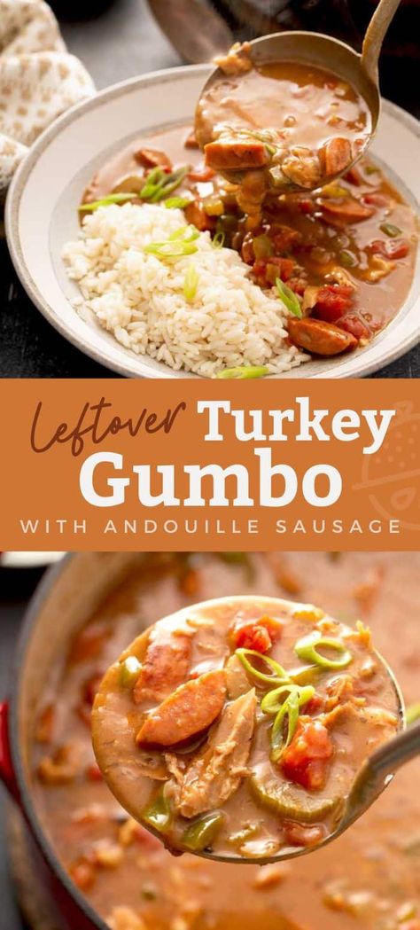 This hearty Turkey Gumbo with Andouille Sausage is packed with creole flavors! This authentic gumbo recipe is the ultimate comfort food dish. Loaded with turkey, Cajun sausage and veggies in a tasty broth, this easy Gumbo recipe is the perfect way to use your leftover turkey from the holidays! Cajun Sausage And Veggies, Turkey Gumbo Recipe, Authentic Gumbo Recipe, Easy Gumbo Recipe, Authentic Gumbo, Turkey Gumbo, Easy Gumbo, Gumbo Recipe Easy, Sausage And Veggies