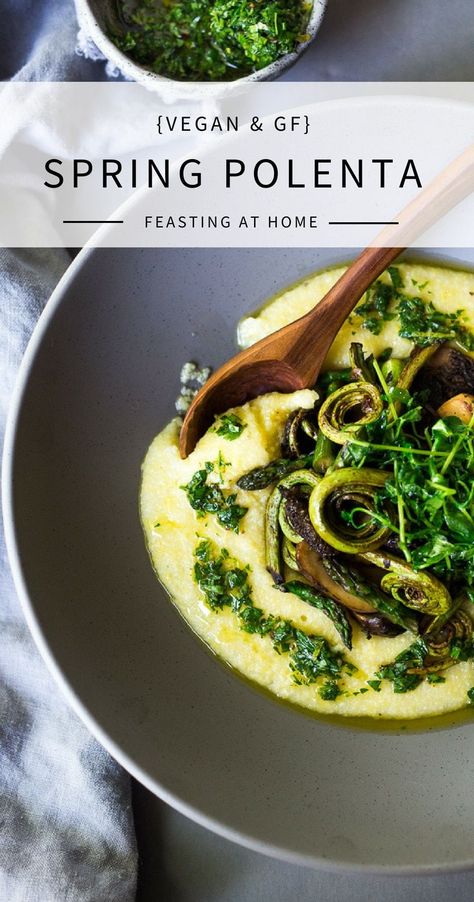 Creamy Vegan Polenta with Spring Veggies and Gremolata - a flavorful healthy meal featuring vibrant spring produce that can be made in under 30 minutes! Vegan & Gluten Free! #creamypolenta #vegan #springrecipes #asparagus #fiddleheadferns #morel #porcini #softpolenta #veganpolenta via @feastingathome Vegan Polenta, Dinner Spring, Spring Produce, Spring Veggies, Creamy Polenta, Spring Dinner, Recipes Dessert, Spring Recipes, Recipes Dinner