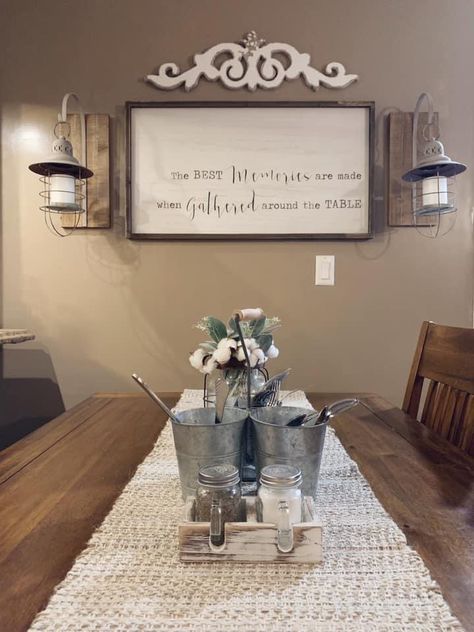 Kitchen Table Wall Decor Ideas, Dining Room Wall Decor Ideas Simple, Hobby Lobby Dining Room Decor, Rustic Dining Room Wall Decor, Farmhouse Dining Room Wall Decor, Dining Room Buffet Table Decor, Farm Table Decor, Townhome Decorating, Farmhouse Kitchen Wall Decor