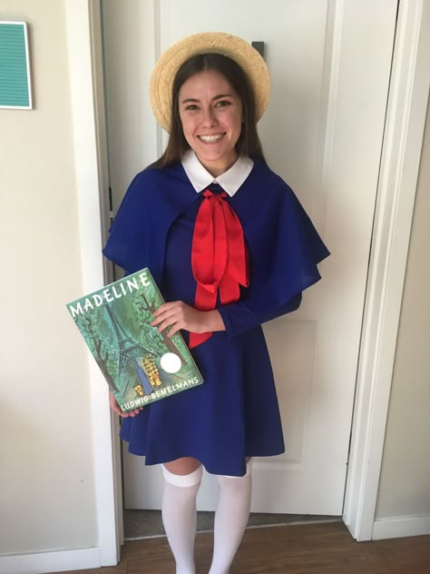 Madeline Halloween costume DIY Madeline Character Costume, Olivia Book Character Costume, Madeline Book Character Costume, Madeline Costume Women, Diy Madeline Costume, Nostalgia Halloween Costumes, Madeline Halloween Costume, Book Worm Halloween Costume, Camp Halloween Costume