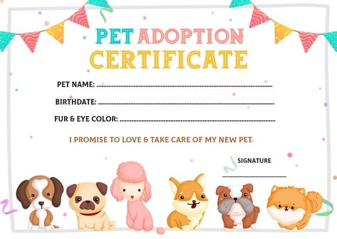 Free Printable Puppy Adoption Certificate, Pet Certificate Free Printable, Adopt A Pet Certificate, Puppy Party Adoption Certificate Free, Free Printable Pet Adoption Certificate, Puppy Adoption Certificate Printable, Dog Adoption Certificate Printable Free, Adopt A Puppy Birthday Party Printables, Certificate Of Adoption Free Printable