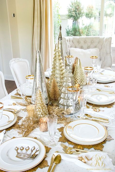 Elegant Gold Christmas Table Scape with white ruffled table linens and gold accents Tree Scape, Gold Christmas Table, Gold Tablescape, Gold Holiday Decor, Mercury Glass Christmas Tree, Christmas Dining Table Decor, Teal Christmas, Gold Christmas Tree Decorations, Christmas Dining Table