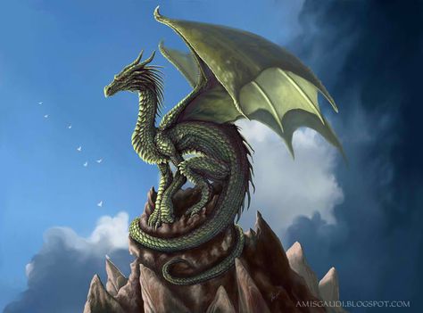 European dragon on mountain. Green Dragon, The Sky, Green