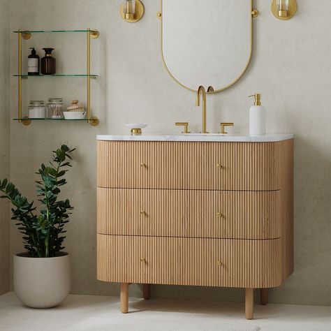 Single Bathroom Vanity With Drawers, California Casual Powder Room, 36 In Bathroom Vanity, White Oak Bathroom Vanity 36”, Modern Vanities Bathroom, Bamboo Vanity Bathroom, Bathroom Vanity Ideas One Sink Modern, 36" Bathroom Vanity, Reeded Bathroom Vanity