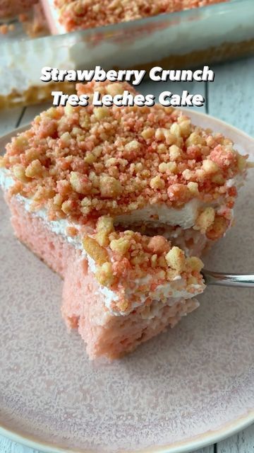 RoseAustinCooks on Instagram: "Try my Strawberry Crunch Tres Leches cake. You’ll be glad you did🥰🍓🍰 Recipe link in bio. #strawberrytresleches #tresleches #bakewithme #strawberrycrunch #strawberrycake #roseaustincooks" Strawberry Tree Leches Cake, Strawberry Shortcake Tres Leches Cake, Strawberry Crunch Tres Leches Cake, Tres Leches Cookies, Red Velvet Tres Leches Cake, Strawberry Crunch Tres Leches, Strawberry Tres Leches Cake, Strawberry Tres Leches, Tres Leches Recipe