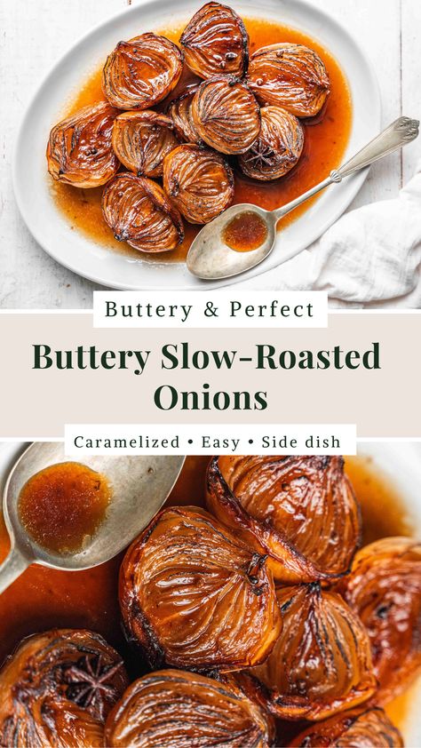 These slow-roasted onions take just a few ingredients and turn them into something beautifully rich and savory. The magic happens in the oven, as the onions soak up a fragrant mix of stock and spices, gently caramelizing to perfection.  They bring a hint of sweetness, balanced with buttery richness, that’s both comforting and refined.  #easyrecipes #onions #thanksgiving #staranise #sidedish #dinnerideas Baked Red Onions Whole, Roasted Onions Oven, Baked Onions Whole, Oven Roasted Onions, Onion Recipes Healthy, Roast Onions, Baked Onions, Sauteed Greens, Roasted Onions