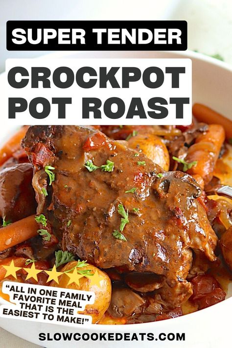 This delicious meal-in-one crockpot pot roast is so easy to make in the slow cooker! You'll love this Italian-style fork-tender chuck roast with potatoes, carrots, mushrooms, onions, and diced tomatoes - cooked in a rich and delectable gravy. The perfect cozy comforting slow cooker meal to come home to after a long busy day! Best Crockpot Roast Potatoes And Carrots, Pot Roast Crock Pot Recipes Cream Of Mushroom, Crockpot Roast With Potatoes And Carrots, Chuck Roast With Mushrooms, Crockpot Pot Roast Slow Cooker, Crockpot Beef Pot Roast, Chuck Roast Recipes Crockpot, Crockpot Roasted Potatoes, Best Crockpot Roast