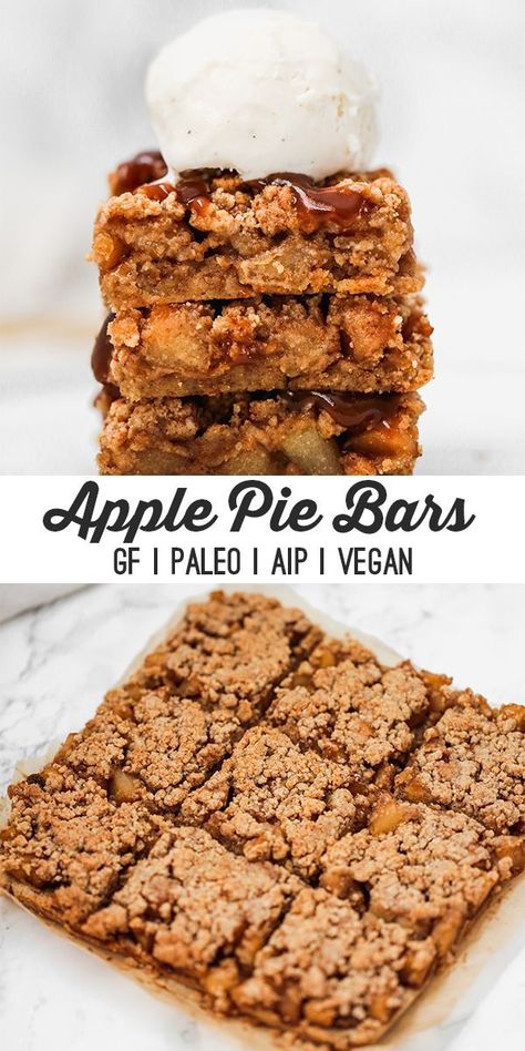 These paleo apple pie bars are perfect for fall holidays, or just a fun weekend treat! They're grain free, as well as AIP and vegan. Paleo Apple Pie, Aip Diet Recipes, Paleo Apple, Autoimmune Paleo Recipes, Dessert Oreo, Aip Paleo Recipes, Aip Desserts, Apple Pie Bars, Paleo Baking