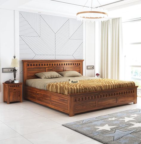 GANPATI ARTS Sheesham Wood Armania King Size Bed with Box Storage for Bedroom Living Room Wooden Double Bed Palang (Natural Finish) Size:King Size Palang Bed Design, Shelf Tv Unit, Design Of Bed, Wooden King Size Bed, Wooden Living Room Furniture, Wooden Double Bed, Bed Room Furniture, Wood Dining Table Set, Storage For Bedroom