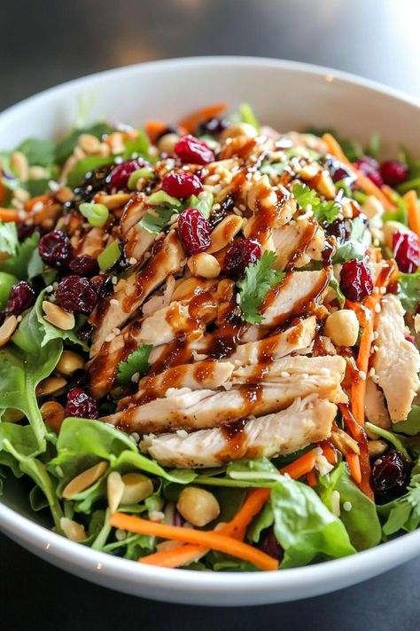 Asian Chicken Cranberry Salad Chicken Harvest Salad, Cranberry Chicken Salad Recipe Healthy, Teriyaki Chicken Salad Recipe, Asian Cranberry Chicken Salad, Filling Salads Dinners, Asian Chicken Cranberry Salad Recipe, Asian Chicken Cranberry Salad, Korean Chicken Salad, Dinner Salads Recipes Main Courses