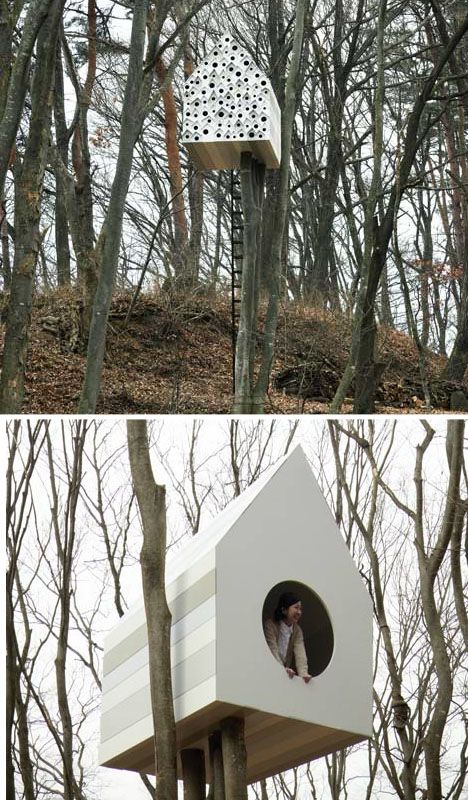 This project by Nendo in Japan for a regional nature center provides small spaces for flying creatures but a larger viewing area for visitors as well. Bird Apartment, Bird Watching Tower, Kinetic Architecture, Landscape Design Drawings, Green Facade, Nesting Box, Watch Tower, Kids Wood, Nature Center