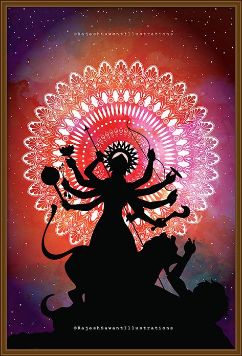 Maa Durga Illustration, Drawing For Navratri, Kaali Maa Painting, Navratri Mataji Images, Navarathri Devi Images, Mataji Rangoli Design, Parvati Rangoli, Goddess Durga Paintings, Devi Mandala Art