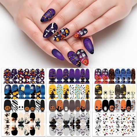 PRICES MAY VARY. 12 Sets of Classic Themes: You will receive 12 sheets of Halloween full wraps and 2 pcs nail files in different designs. Such as spider, cats, pumpkins, skulls, bats, cross, ghost, and so on. which can meet your everyday matching needs. Unique Nail Art Design: Great to create your unique awesome Halloween nail art designs. It is fun to DIY nail art with your family or friends when family gathering and party, enjoy your own shining look nails and the good time. Easy to Use: You c Halloween Nail Decals, Halloween Manicure, Witchy Nails, Pumpkin Nails, Gothic Nails, Nail Art Decals, Professional Nail Art, Nail Files, Diy Nail Art