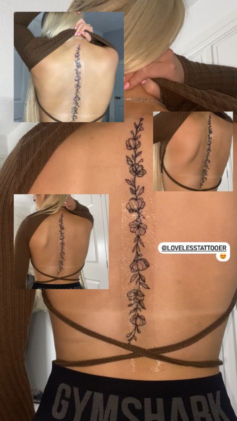 Design Spine Tattoo, Wrap Around Spine Tattoo, Women Spinal Tattoos, Adding To Spine Tattoo, Middle Spine Tattoo, Hibiscus Spine Tattoos For Women, Vine Down Spine Tattoo, Flower Vine Tattoo Down Spine, Dainty Spine Tattoos For Women Unique