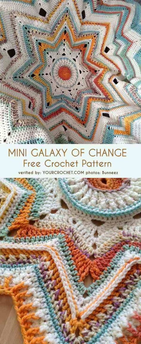 Mini Galaxy of Change is foreseen as a baby blanket and it measure 39� (99cm). Of course you can make it bigger to make a full-size blanket or bed cover This  pattern will give you a lot of possibilities of your own creations. Crochet Round Throw Blanket, Crochet Baby Blanket In The Round, Star Afghan Crochet Pattern Free, Galaxy Crochet Blanket, Crochet Patterns For Free, Crochet In The Round Patterns, Granny Star Blanket, Star Blanket Crochet Pattern, Crochet Mandala Blanket