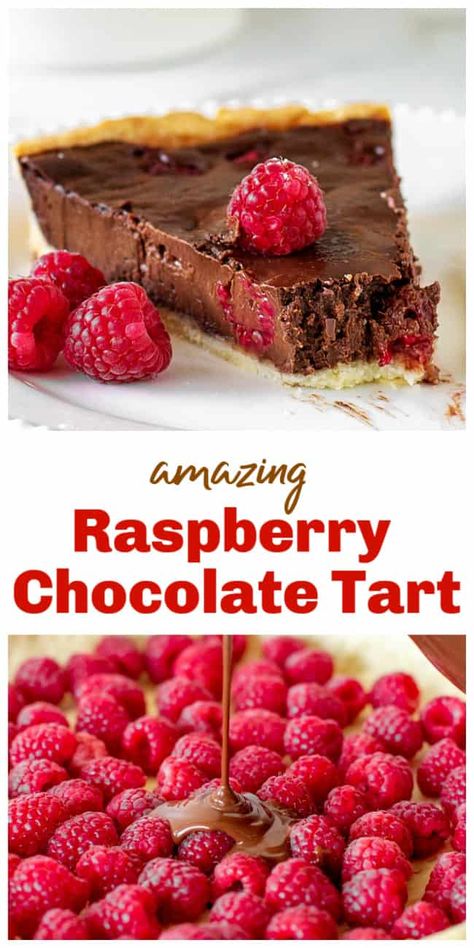 Chocolate Raspberry Tart Recipe, Tarts Recipe Dessert, Raspberry Chocolate Tart, Chocolate Raspberry Tart, Truffle Filling, Tart Raspberry, Desert Bars, Easy Tart Recipes, Chocolate And Raspberry Tart