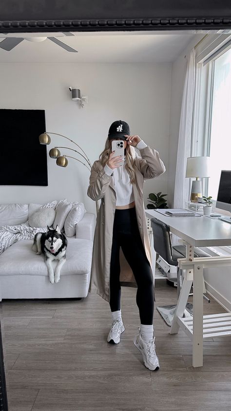 Athleisure Outfits Trench Coat, Trench Coat Hat Outfit, Athleisure With Trench Coat, Trench Coat Hoody Outfit, Sweats With Trench Coat, Trench Coat Baseball Hat Outfit, Sporty Trench Coat Outfit, Trench And Hoodie Outfit, Trench Coat Leggings Outfit