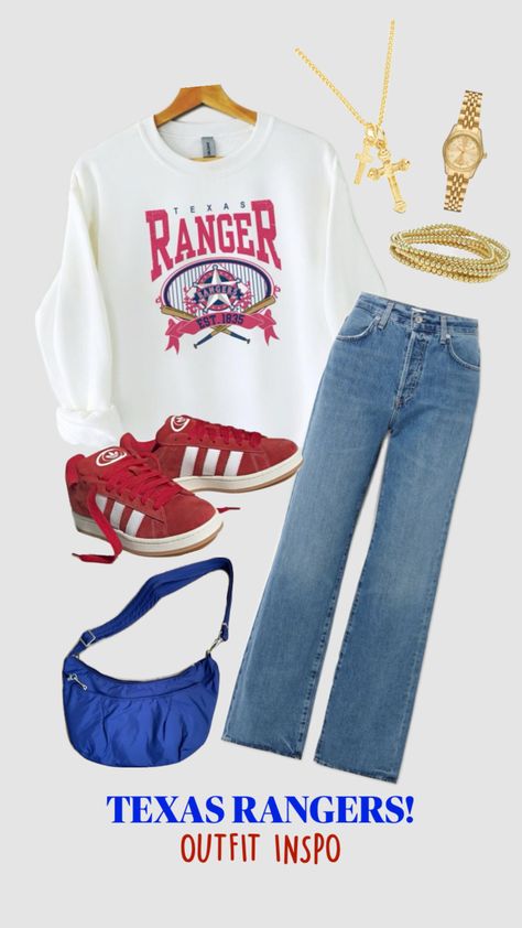 Texas Rangers GAME DAY outfit inspo!!! #outfitinspo #texasrangers #adidasredcampus Rangers Game Outfit, Rangers Game, Game Outfit, Game Day Outfit, Gameday Outfit, Red Adidas, Day Outfit, Gaming Clothes, Texas Rangers