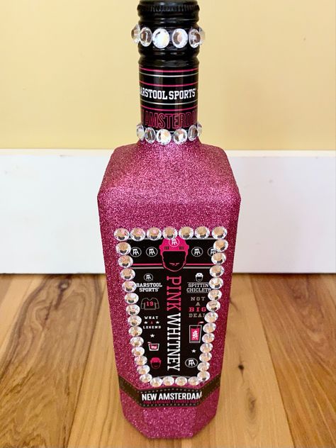 Pink Whitney Bedazzled Bottle, Bedazzled Pink Whitney Bottle, Pink Whitney Bottle Decorated, Blinged Bottles, Pink Whitney, Bedazzled Liquor Bottles, Bedazzled Bottle, Alcohol Bottle Crafts, Decorated Liquor Bottles