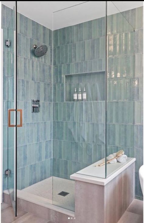 Easter Crafts Adults, Gold Bathroom Lighting, Pink Bathroom Tile, Shower With Bench, Modern Easter Decor, Blue Shower Tile, Best Bathroom Paint Colors, Bathroom Lighting Ideas, Condo Bathroom