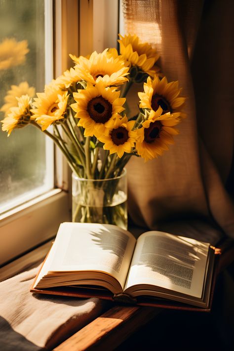 A book with sunflowers placed next to a window, exuding a soft and dreamy ambiance in the snapshot aesthetic. Books And Sunflowers Aesthetic, Sunny Book Aesthetic, Nature And Books Aesthetic, Books Nature Aesthetic, Books And Flowers Photography, Soft Book Aesthetic, Book With Flowers Aesthetic, Spring Book Aesthetic, Warm Aesthetic Brown