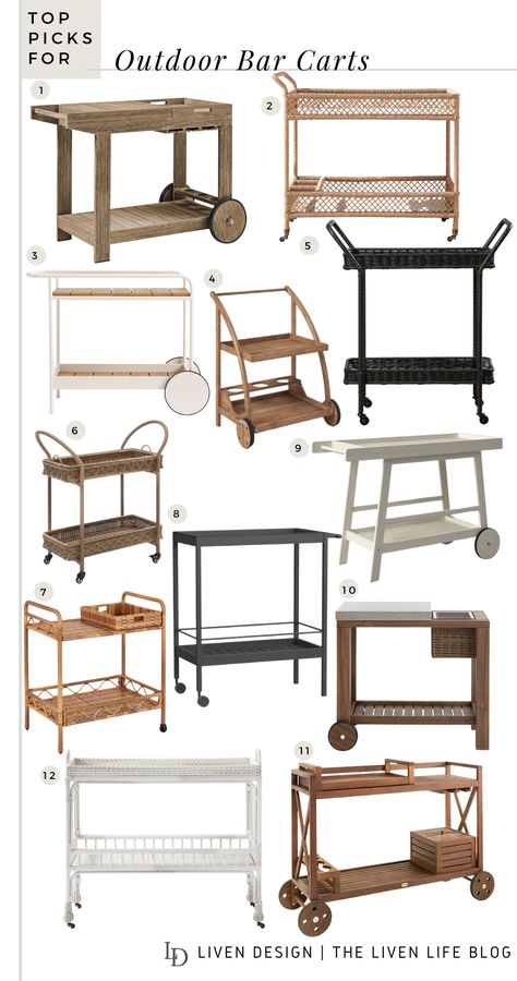 outdoor bar carts for 2023. patio decor. woven bar cart. drink cart. outdoor entertaining. stylish bar cart. black bar cart. bar cart with wheels. beverage cart for the patio. white bar cart. rattan bar cart. outdoor wicker bar cart. #barcart #home #patio #summer Outdoor Bar Cart Styling, Beverage Cart Decor, Outdoor Bar Cart Ideas, Patio Bar Cart, Bar Cart Outdoor, White Bar Cart, Bar Cart White, Bar Cart Black, Rustic Bar Cart