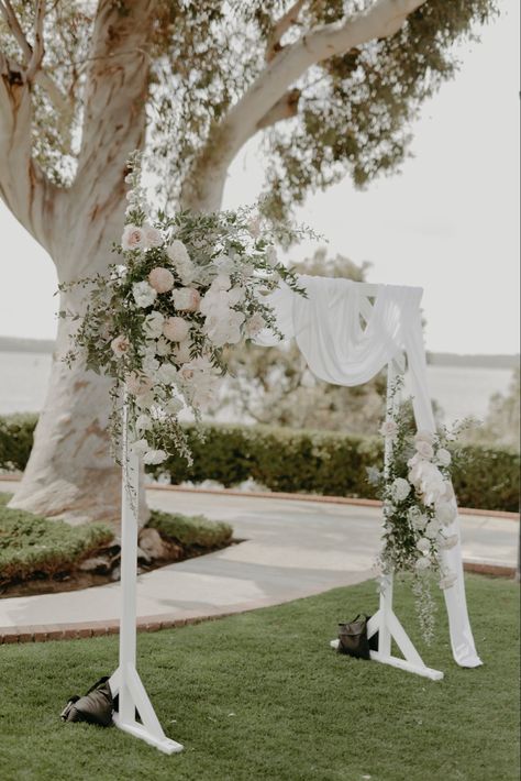 White Arbor Wedding, White Flower Arbor Wedding, White Arch Flowers, White Wedding Arbor, White Flower Wedding Arbour, White Arbour, Ceremony Arch White Flowers, White Rose Arbour, White And Blush Flower Arch