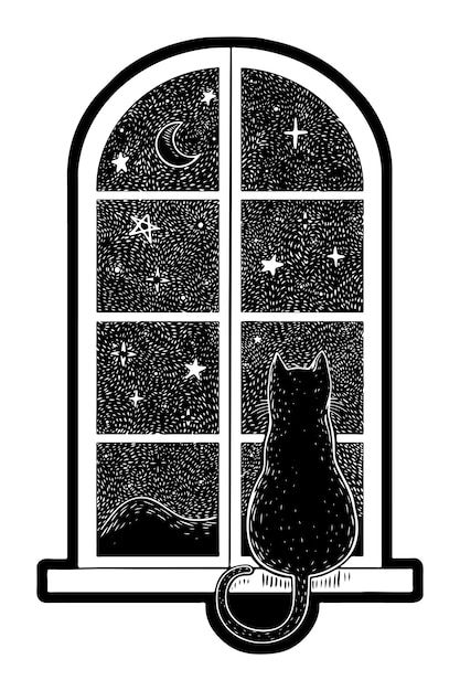 Cat In Snow Drawing, Cat In Window Silhouette, Cat On A Window Sill Drawing, Cat Window Illustration, Cat Looking Out Window Tattoo, Cat Window Tattoo, Cat Looking Out Window Drawing, Cat In Window Tattoo, Cat Silhouette Art