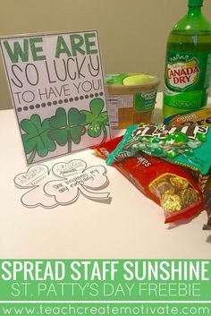 March Sunshine Committee Ideas, Lucky To Have You Staff Appreciation, March Staff Appreciation Ideas, St Patrick’s Day Teacher Gift, March Teacher Appreciation Ideas, Student Council Elementary School Ideas, Staff Meeting Snacks, Meeting Snacks, Work Morale