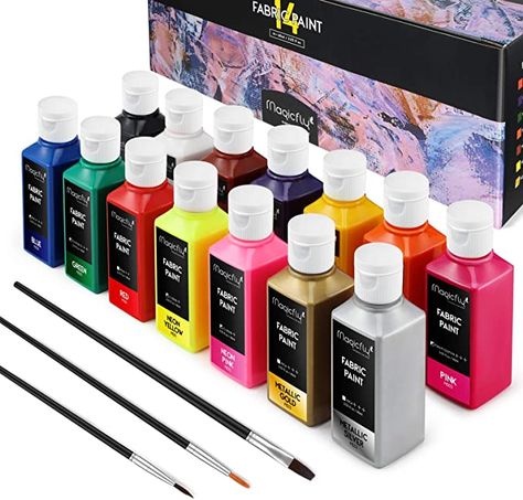 Amazon.com: Magicfly Permanent Soft Fabric Paint Set, Set of 14(60ml Each) Textile Paints with 3 Brushes, No Heating Needed & Washable Fabric Paint for Clothes, Canvas, T-Shirts, Jeans, Bags, All DIY Projects Paint For Clothes, Art Studio Organization, Stationary Items, Plain Canvas, Jeans Bags, T Shirt Painting, Washable Paint, White Acrylic Paint, Painted Clothes