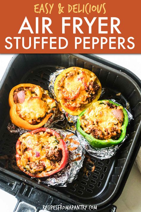 Air Fryer Stuffed Peppers is a flavorful and satisfying meal that's ready to serve in under 30 minutes. A handful of ingredients is all that's needed to make this colorful, veggie and beef stuffed peppers air fryer recipe. Perfect for busy weeknight dinners and a great meal prep solution, you'll be amazed at how easy it is to make stuffed peppers in air fryer. Click through to get this awesome air fryer stuffed peppers recipe!! #airfryer #airfryerrecipes #stuffedpeppers #airfryerstuffedpeppers Stuffed Bell Peppers Without Rice, Peppers In Air Fryer, Instapot Duo, Air Fryer Stuffed Peppers, Cooking Stuffed Peppers, Instant Pot Duo Crisp, Low Carb Stuffed Peppers, Instant Food, Air Fryer Dinner Recipes