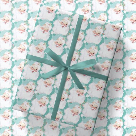 Blue Vintage Christmas, Pastel Christmas Wrapping Paper, Blue Christmas Wrapping Paper, Cute Wrapping Paper, Christmas Gift Wrapping Paper, Gift Wrapping Inspiration, Holiday Wrapping, Vintage Christmas Gifts, Retro Santa