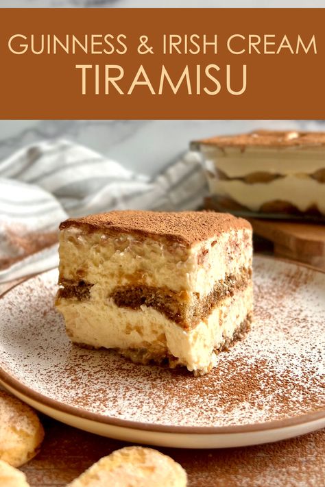 A slice of Guinness & Irish Cream Tiramisu on a plate dusted with cocoa powder. Irish Cream Tiramisu, Pub Desserts, Guiness Desserts St Pattys, No Bake Irish Cream Cheesecake, Baileys Irish Cream Cheesecake No Bake, Natural Sweets, Guiness Ice Cream, Irish Pub Food, Savory Hand Pies Recipes