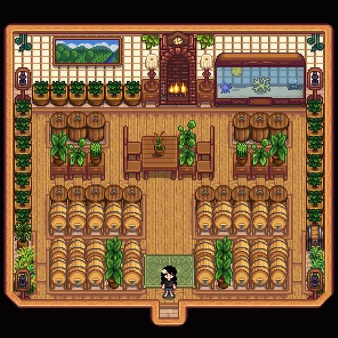 Stardew Valley Shed Layout Aesthetic, Stardew Big Shed Layout, Stardew Valley Big Shed Ideas, Stardew Valley Coffee Shop, Big Shed Design Stardew Valley, Stardew Valley House Interior Design No Mods, Stardew Crafting Area, Shed Ideas Stardew Valley, Stardew Shed Designs