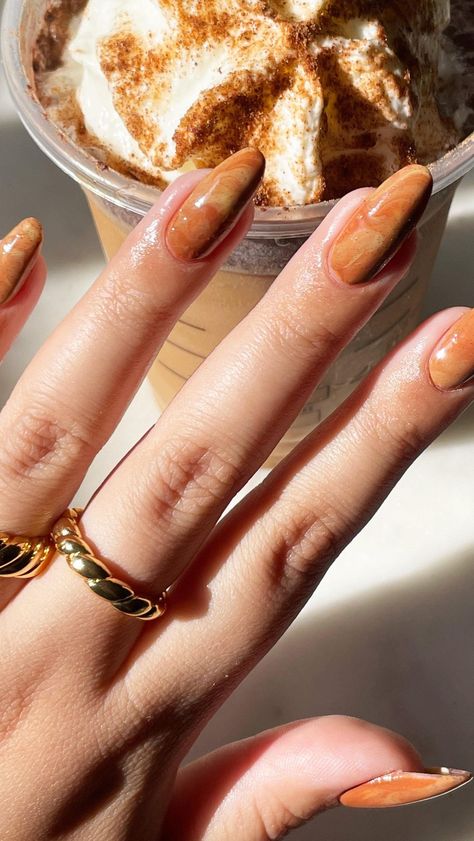 Pumpkin Spice Inspired Nails, Pumpkin Spice Latte Nails, Butterscotch Nails, Psl Nails, Pumpkin Spice Nail Designs, Call Nail Ideas, Pumpkin Nails Fall, Latte Nails, Nails Pumpkin