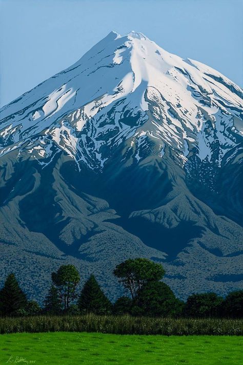 Taranaki New Zealand, Nz Landscape, Mount Taranaki, Kiwi Birds, Stunning Scenery, Nz Art, New Zealand Art, Flag Painting, Mountain Painting