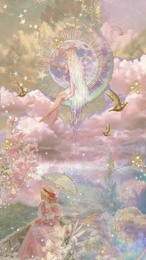 #vintage #wallpaper #fantasy #art Pink Sun And Moon Wallpaper, Live Wallpaper Aesthetic Vintage, Rococo Phone Wallpaper, Ethereal Iphone Wallpaper, Art Homescreen Wallpaper, Glinda Aesthetic Wallpaper, Aphrodite Lockscreen, Rococo Aesthetic Wallpaper, Ethereal Art Inspiration