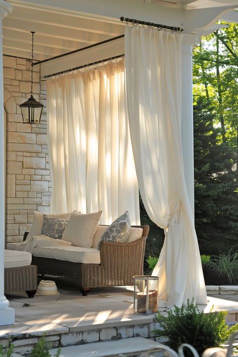 17 Patio Privacy Ideas to Shield Your Space in Style Patio Privacy Curtains, Porch Privacy Ideas, Apartment Patio Privacy Ideas, Patio Privacy Ideas, Porch Vibes, Pergola Drapes, Porch Privacy, Backyard Aesthetic, Patio Oasis