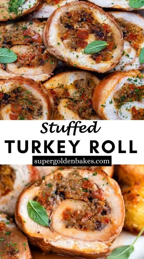 Rolled Turkey Roast, Stuffed Turkey Breast Roll, Boujee Thanksgiving, Turkey Roll Recipes, Turkey Roll Ups With Stuffing, Turkey Roulade Stuffed, Stuffed Turkey Roll, Cooking A Stuffed Turkey, Rolled Turkey