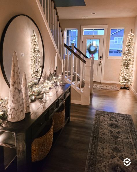 Ch Ristmas Decor, Small Hallway Christmas Decorating Ideas, Christmas Entryway Table Decor With Mirror, Christmas Decor Ideas Foyer Table, Entry Way Ideas Christmas, Christmas Decor Hallway Table, Holiday Entryway Table Decor, Holiday Console Table, Entryway Christmas Table Decor