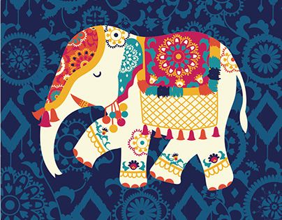 Folk Art Elephant Painting, Chumbak Prints, Elephant Illustration Design, Indian Elephant Illustration, Elephant Illustration Art, Indian Elephant Painting, Indian Elephant Art, Hand Painted Pillows, Bohemian Travel