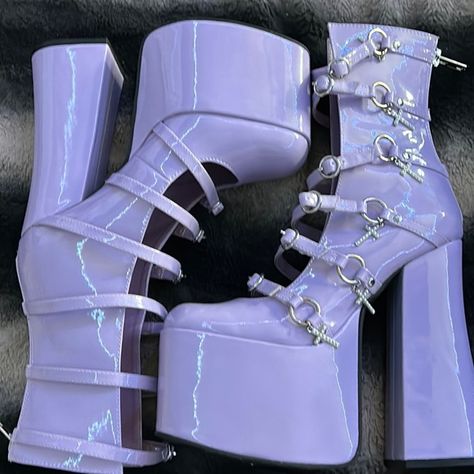 DOLLSKILL BOOTS 6inch Dollskill Boots, Sugar Thrillz Shoes, Clothing Necessities, Dollskill Shoes, Fluffy Boots, Goth Shoes, Purple Boots, Cute Shoes Heels, Sugar Thrillz