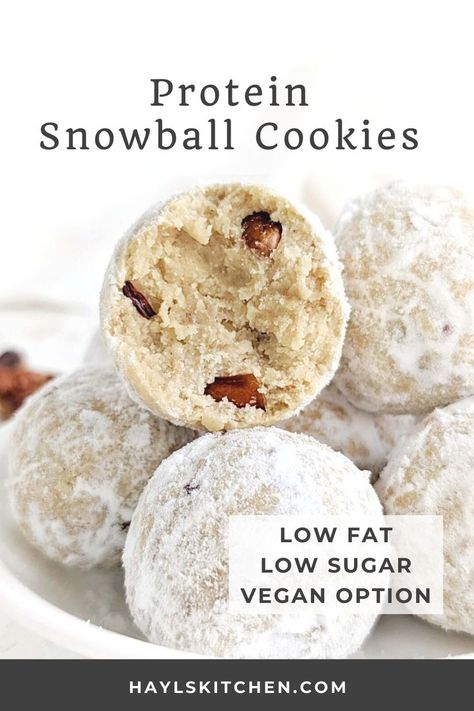 Melt-in-your-mouth Protein Snowball Cookies made healthy and sugar-free are perfect for the holidays! Easy Mexican wedding cookies have pecans, no butter and rolled in sugar-free powdered sugar. Healthy Snowball Cookies, Sugar Free Buckeyes, Protein Christmas Recipes, Sugar Free Holiday Treats, Bariatric Christmas Cookies, High Protein Christmas Cookies, Macro Friendly Christmas Treats, Holiday Protein Balls, Christmas Protein Recipes