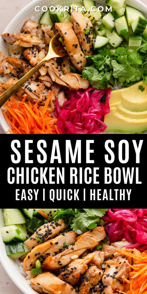 Sesame Soy Chicken Bowl Description: Savor the delicious combination of flavors in this Sesame Soy Chicken Bowl! Juicy chicken is marinated in a savory sesame soy sauce, then served over rice with fresh veggies for a wholesome and satisfying meal. This easy-to-make dish is perfect for a quick dinner or meal prep, offering a balance of rich, nutty, and savory flavors in every bite! #soyglazedchickenbowl #soygarlicchicken #soysaucechickenricebowl #chickenricebowl Meals With Soy Sauce, Chicken Edamame Bowl, Chicken Soy Sauce Recipes, Asian Bowl Recipe, Asian Chicken Bowl, Rice Bowl Sauce, Chicken Bowl Meal Prep, Chicken Bowls Healthy, Soy Garlic Chicken