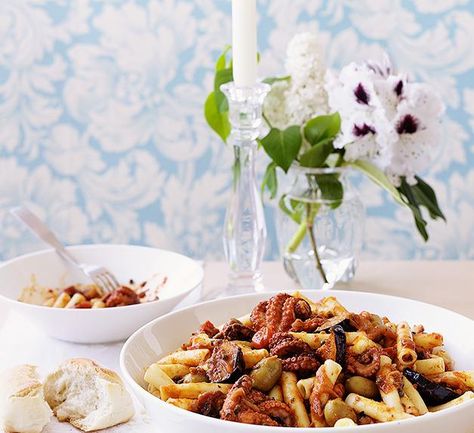 Australian Gourmet Traveller recipe for baby octopus, tomato, eggplant and chilli pasta Octopus Pasta, Autumn Pasta, Autumn Pasta Recipes, Canning Cherry Tomatoes, Chilli Pasta, Tomato Eggplant, Italian Seafood, Chili Pasta, Octopus Recipes