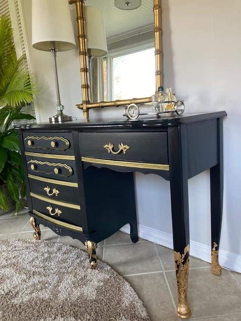 Furniture Transformation, Sf Apartment, Gold Vanity, Black Vanity, Furniture Renovation, Refurbished Furniture, Painted Furniture, Random Things, Vanity