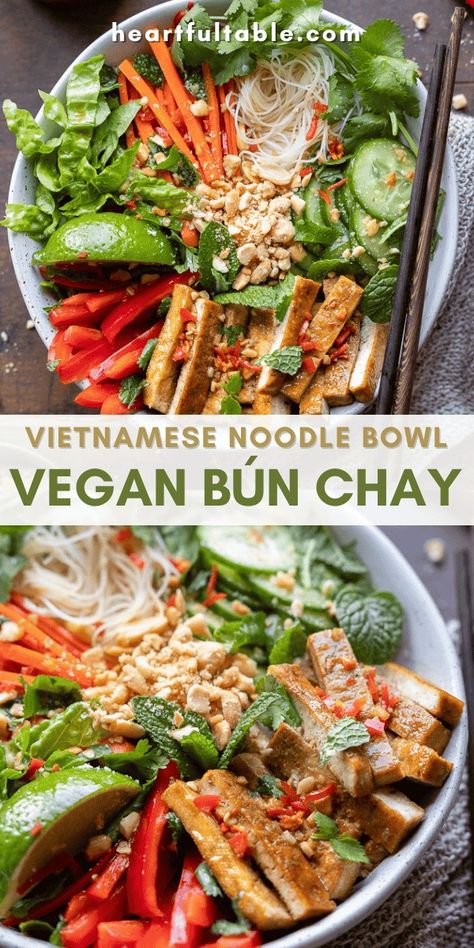 Vegan Bún Chay (Vietnamese Noodle Salad) Vietnamese Recipes Vegetarian, Vegetarian Vietnamese Recipes, Vietnamese Vegetarian Recipes, Banh Mi Salad, Vietnamese Noodle Salad, Noodle Bowls Recipes, Vietnamese Soup, Healthy Asian Recipes, Vegan Asian Recipes